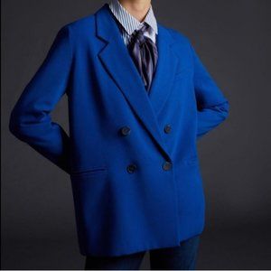 Anthropologie Maeve Double-Breasted Blazer Jacket Blue Oversized Loose F…